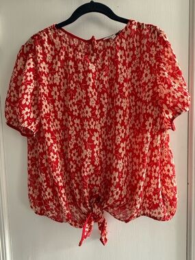 Madewell Red Floral Tie-Hem Short Sleeve Blouse Size L